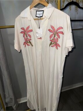 Cream Embroidered Palm-Print Shirt Dress - Pink Accent